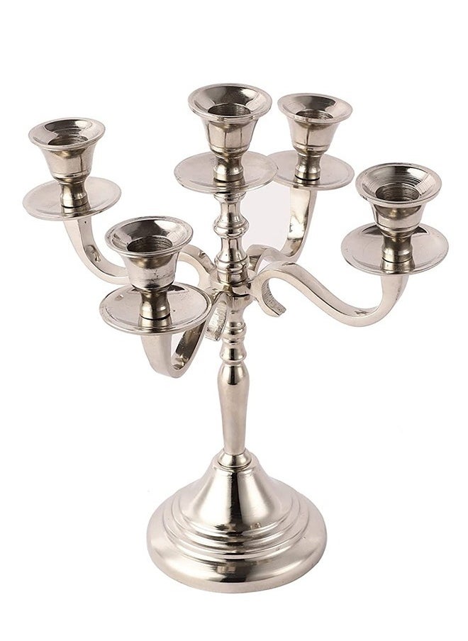 Generic - Five Arm Candelabra 10 inch Tall White Taper Candle Holders Candle Stands Candlesticks For Home Decor Wedding Parties Dinning Table Centerpiece Thick Candles Silver - Image 1