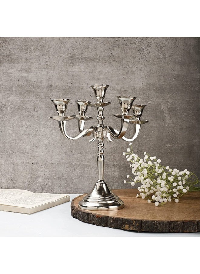 Generic - Five Arm Candelabra 10 inch Tall White Taper Candle Holders Candle Stands Candlesticks For Home Decor Wedding Parties Dinning Table Centerpiece Thick Candles Silver - Image 1