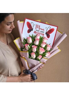Floweraura FlowerAura Fresh Flower Bouquet Gift 12 Pink Roses For Mom For Mother For Maa For Grand Mother Same Day Delivery  - Image 1