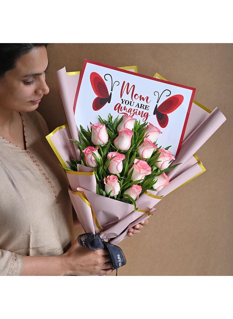 Floweraura FlowerAura Fresh Flower Bouquet Gift 12 Pink Roses For Mom For Mother For Maa For Grand Mother Same Day Delivery  - Image 1