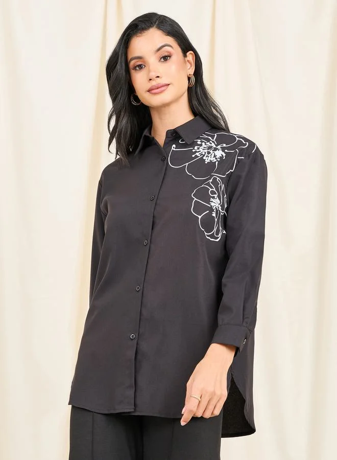 Styli Oversized Floral Print Longline Shirt