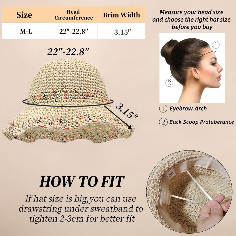 Askljeby Womens Sun Hats Wide Brim Summer Beach Hat for Women Foldable Bucket Fedora Handmade Crochet Straw Hat Packable UPF50, C-Beige - Image 2