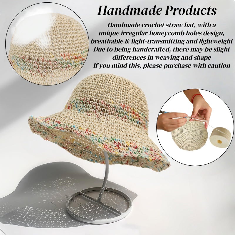 Askljeby Womens Sun Hats Wide Brim Summer Beach Hat for Women Foldable Bucket Fedora Handmade Crochet Straw Hat Packable UPF50, C-Beige - Image 4
