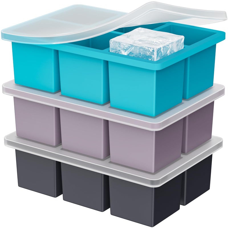GGUW Large Ice Cube Tray for Whiskey: 2inch Big Silicone Ice Trays with Lid for Whisky - 3Pack Old Fashioned Ice Cube Trays for Cocktail - Huge Square Cubed Bourbon Ice Cube Maker - Image 1