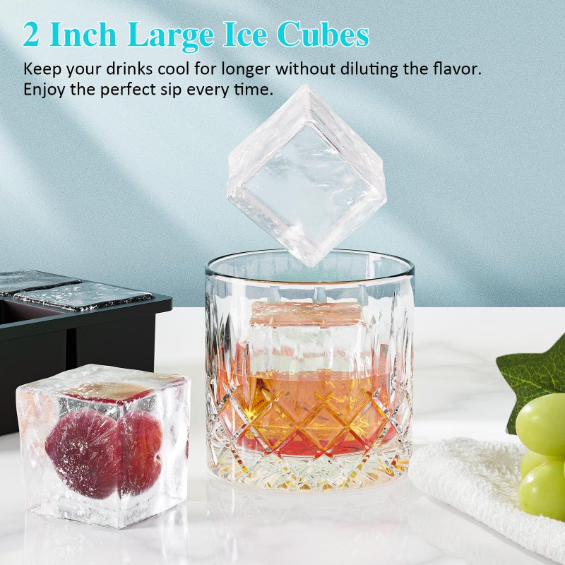 GGUW Large Ice Cube Tray for Whiskey: 2inch Big Silicone Ice Trays with Lid for Whisky - 3Pack Old Fashioned Ice Cube Trays for Cocktail - Huge Square Cubed Bourbon Ice Cube Maker - Image 4