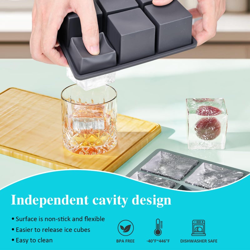 GGUW Large Ice Cube Tray for Whiskey: 2inch Big Silicone Ice Trays with Lid for Whisky - 3Pack Old Fashioned Ice Cube Trays for Cocktail - Huge Square Cubed Bourbon Ice Cube Maker - Image 2