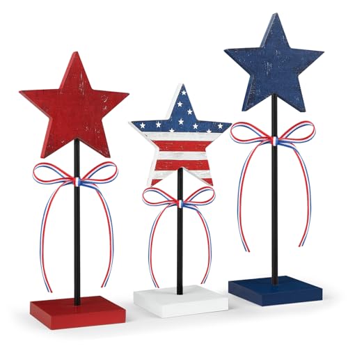 Hedeey 4th of July Tiered Tray Decor Wooden Star Set 3 Pcs Memorial Day Table Decorations Rustic Patriotic Tabletop Home Decor Red White and Blue Decorations for Home Retro - Image 1