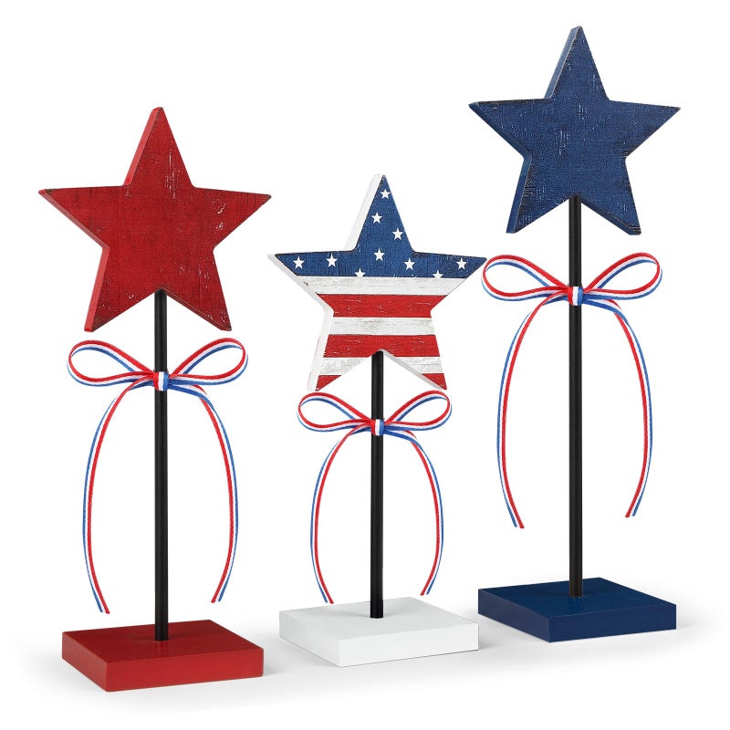 Hedeey 4th of July Tiered Tray Decor Wooden Star Set 3 Pcs Memorial Day Table Decorations Rustic Patriotic Tabletop Home Decor Red White and Blue Decorations for Home Retro - Image 2