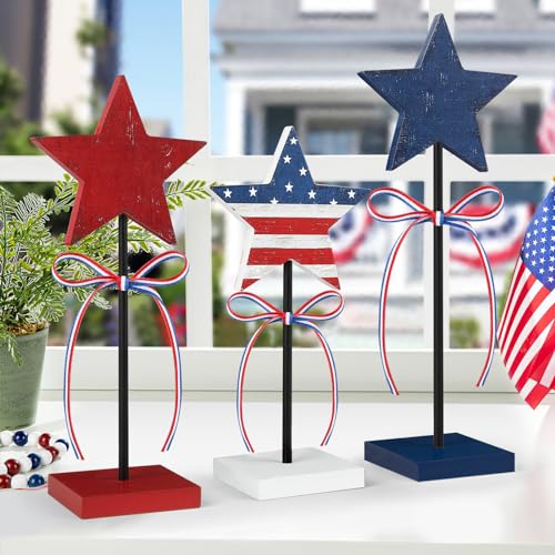 Hedeey 4th of July Tiered Tray Decor Wooden Star Set 3 Pcs Memorial Day Table Decorations Rustic Patriotic Tabletop Home Decor Red White and Blue Decorations for Home Retro - Image 3