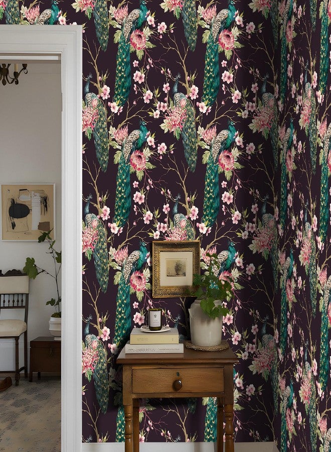 Decotalk Peacock Peel and Stick Wallpaper 17.5" x 354" Green Peacock Wallpaper for Bedroom Nursery Wall Retro Wallpaper Removable Black/Pink Floral Wallpaper Green Birds Pink Floral Wall Paper - Image 3