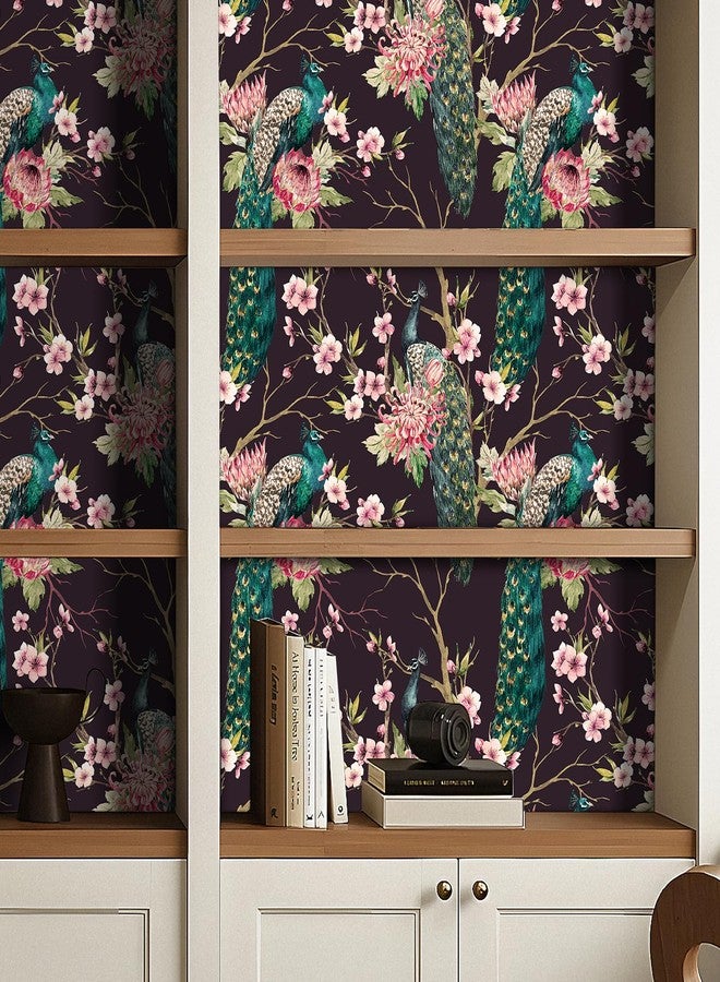 Decotalk Peacock Peel and Stick Wallpaper 17.5" x 354" Green Peacock Wallpaper for Bedroom Nursery Wall Retro Wallpaper Removable Black/Pink Floral Wallpaper Green Birds Pink Floral Wall Paper - Image 5