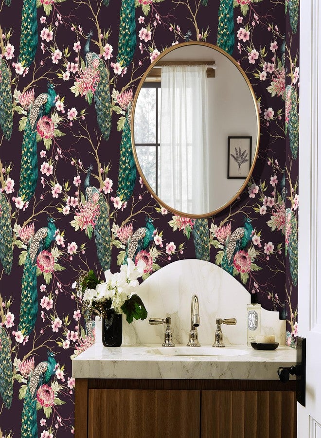 Decotalk Peacock Peel and Stick Wallpaper 17.5" x 354" Green Peacock Wallpaper for Bedroom Nursery Wall Retro Wallpaper Removable Black/Pink Floral Wallpaper Green Birds Pink Floral Wall Paper - Image 2