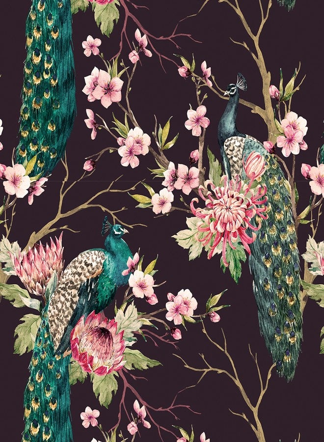 Decotalk Peacock Peel and Stick Wallpaper 17.5" x 354" Green Peacock Wallpaper for Bedroom Nursery Wall Retro Wallpaper Removable Black/Pink Floral Wallpaper Green Birds Pink Floral Wall Paper - Image 1