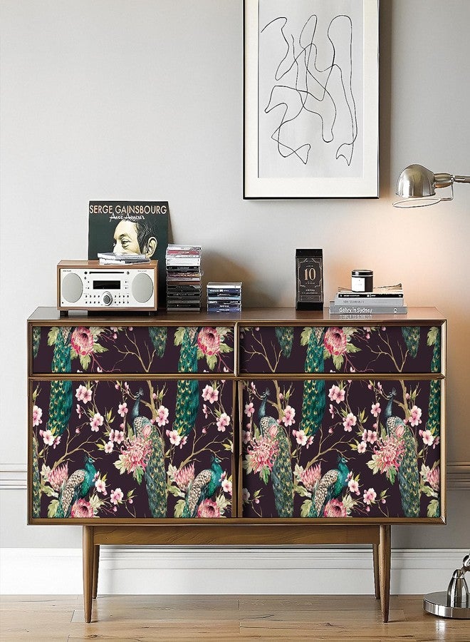 Decotalk Peacock Peel and Stick Wallpaper 17.5" x 354" Green Peacock Wallpaper for Bedroom Nursery Wall Retro Wallpaper Removable Black/Pink Floral Wallpaper Green Birds Pink Floral Wall Paper - Image 4