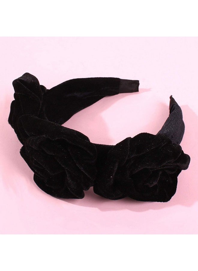 Suoirblss Fashion Velvet Wide Headband Rose Flower Headwear Vintage Style Hairband For Women Girl Hair Accessories (Black)  - Image 4
