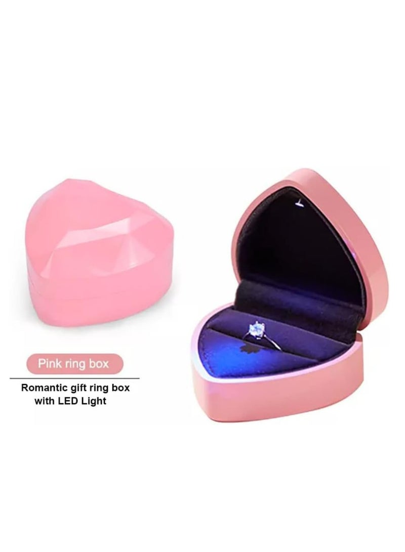 Oasisgalore Heart-Shaped LED Ring Box, Velvet Jewelry Gift Box for Proposal, Engagement, Wedding, Anniversary (Pink) - Image 3