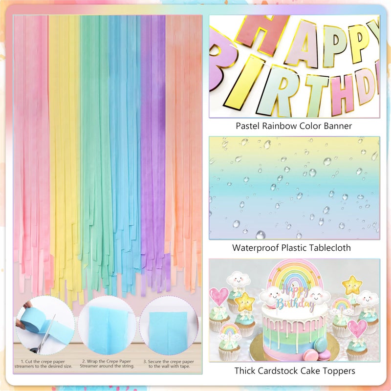 THAWAY Pastel Rainbow Birthday Decorations 182Pcs Rainbow Party Supplies, Include Pastel Balloon Arch Kit with Rainbow Foil Balloons Streamer Backdrop Tablecloth Banner Garland Cake Toppers Paper Pompoms - Image 4