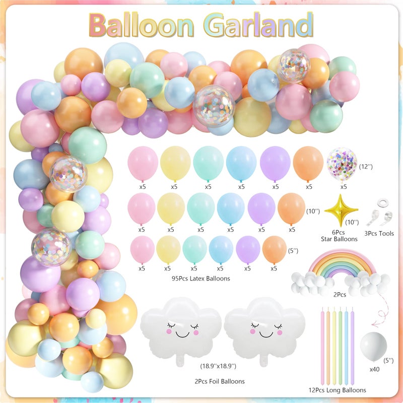 THAWAY Pastel Rainbow Birthday Decorations 182Pcs Rainbow Party Supplies, Include Pastel Balloon Arch Kit with Rainbow Foil Balloons Streamer Backdrop Tablecloth Banner Garland Cake Toppers Paper Pompoms - Image 3