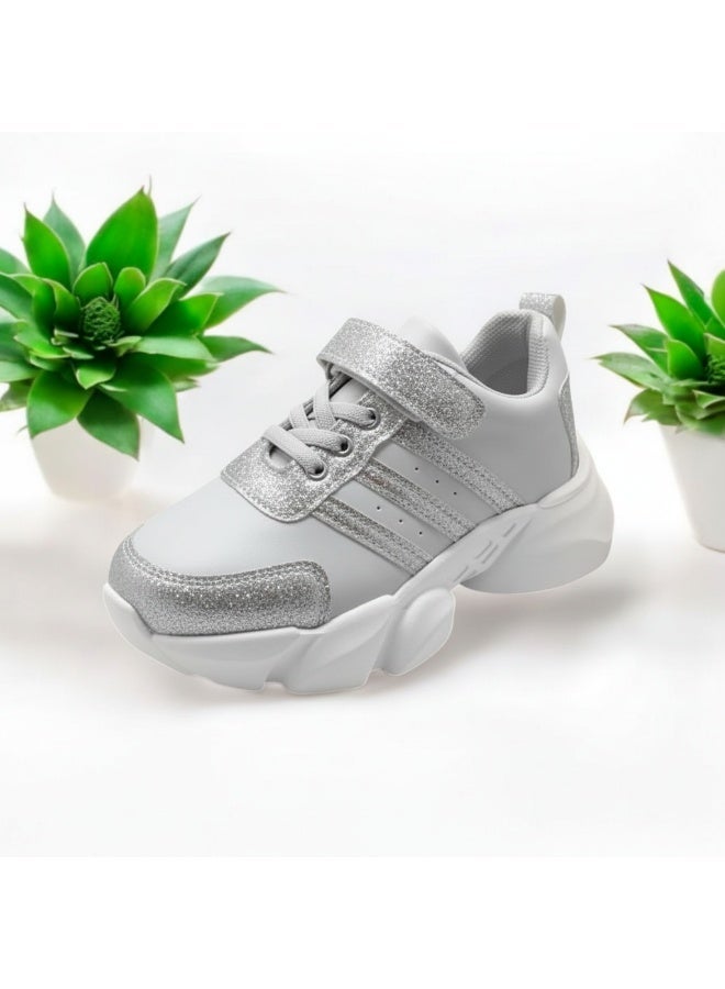 Kids Silver Chunky Sneakers – Velcro Fashion Trainers Running Shoes - Image 1