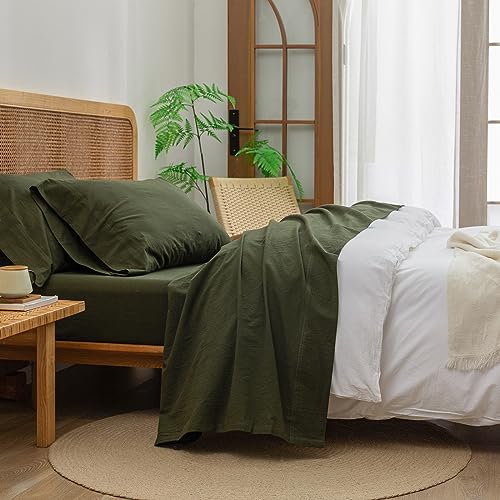 BESTOUCH Sheet Set 100% Washed Cotton Linen Feel Super Soft Comfortable Chic Lightweight 4 Pcs Home Bedding Set Solid Olive Green Queen - Image 1
