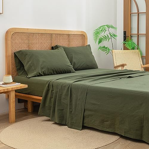BESTOUCH Sheet Set 100% Washed Cotton Linen Feel Super Soft Comfortable Chic Lightweight 4 Pcs Home Bedding Set Solid Olive Green Queen - Image 5