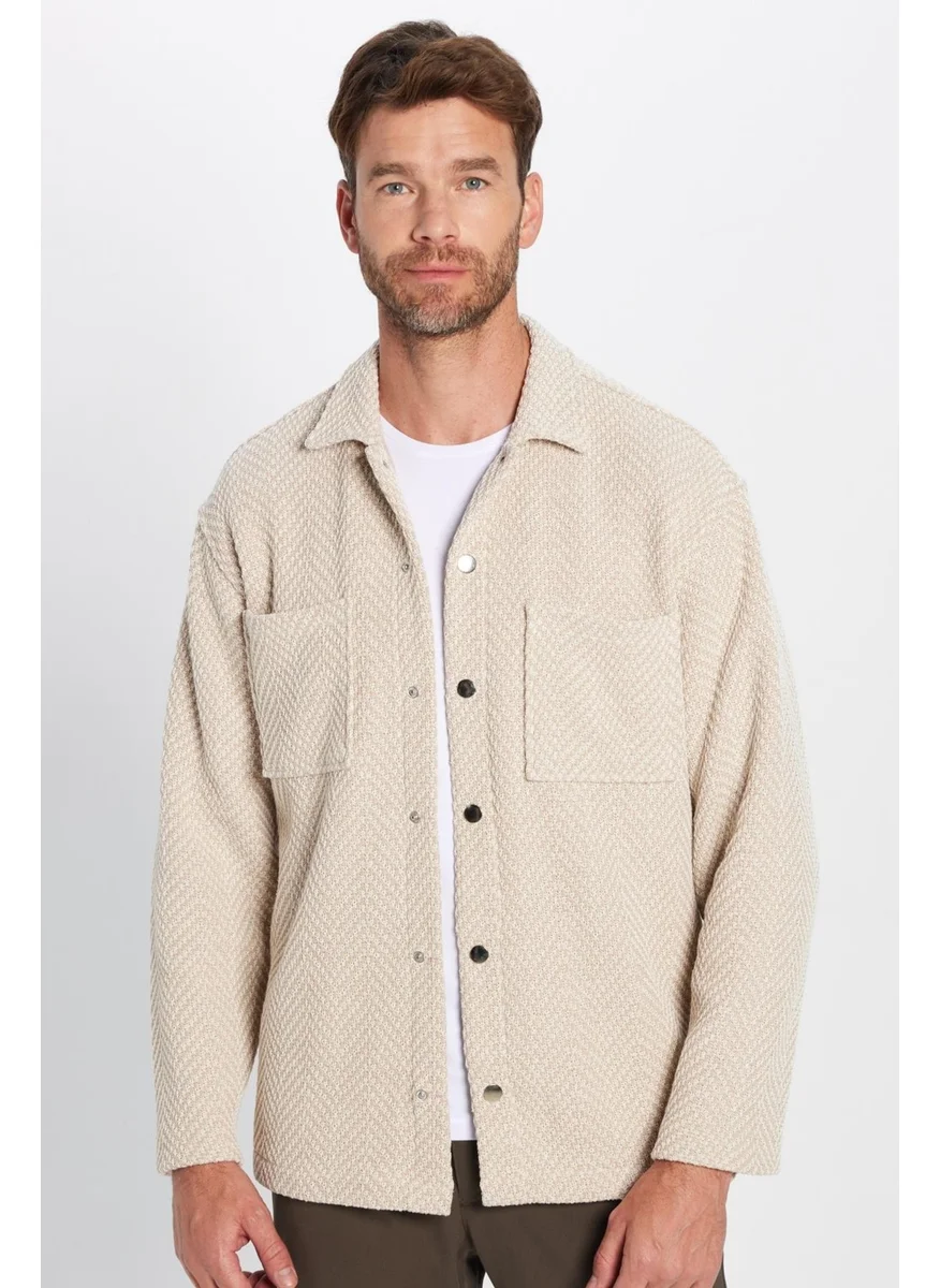 Tudors Men's Relax Fit Casual Cut Knitted Double Pocket Snap Button Dobby Shirt