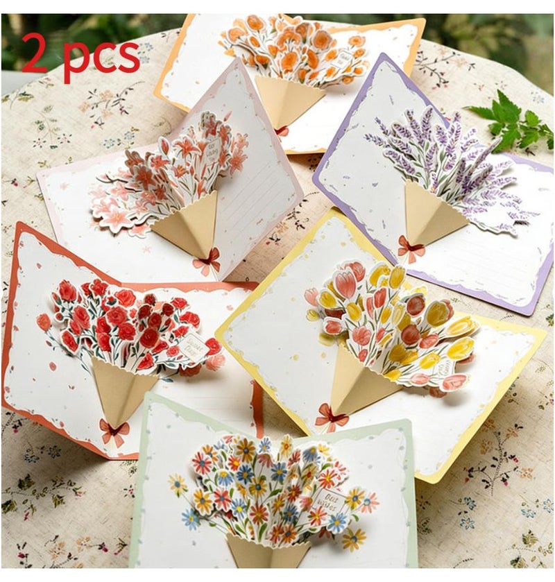 2pcs Pop Up 3D Rose Bouquet Greeting Cards Assorted With Envelopes And Stickers - Image 1