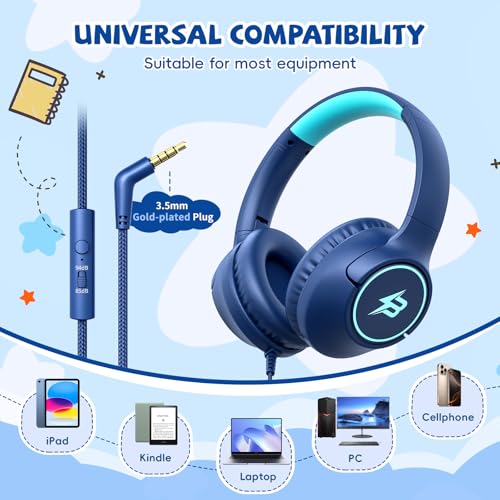 Botesty Sound Kids Headphones Wired for School, 85/94dB Volume Limit, Wired Over Ear Headphones for Kids Boys Girls with Microphone, Stereo Sound 3.5mm Cord for Kindle Tablet Airplane Travel, Navy Blue - Image 2