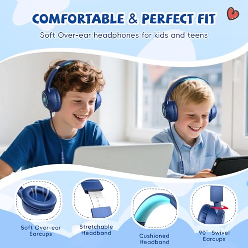 Botesty Sound Kids Headphones Wired for School, 85/94dB Volume Limit, Wired Over Ear Headphones for Kids Boys Girls with Microphone, Stereo Sound 3.5mm Cord for Kindle Tablet Airplane Travel, Navy Blue - Image 4