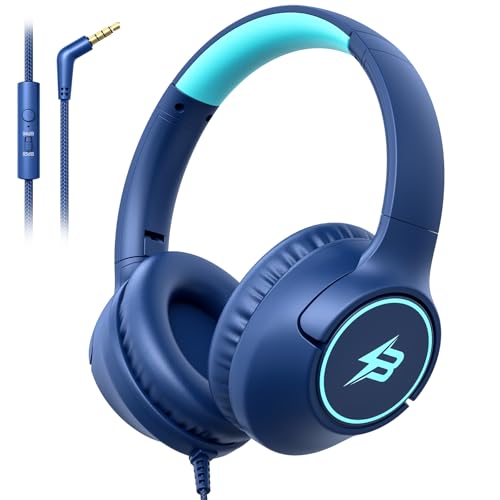 Botesty Sound Kids Headphones Wired for School, 85/94dB Volume Limit, Wired Over Ear Headphones for Kids Boys Girls with Microphone, Stereo Sound 3.5mm Cord for Kindle Tablet Airplane Travel, Navy Blue - Image 1