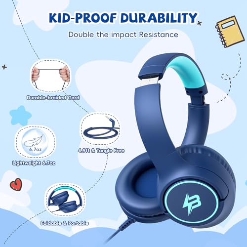 Botesty Sound Kids Headphones Wired for School, 85/94dB Volume Limit, Wired Over Ear Headphones for Kids Boys Girls with Microphone, Stereo Sound 3.5mm Cord for Kindle Tablet Airplane Travel, Navy Blue - Image 5