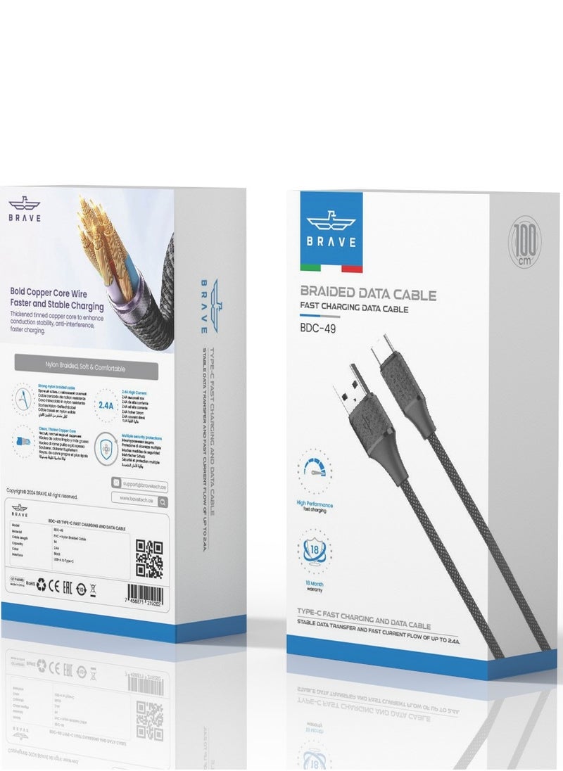 Brave - Braided Fast Charging Data Cable USB-A to Type C 3A – Durable Nylon-Braided Charger Cord for Quick Charging & High-Speed Data Transfer, Compatible with Samsung Galaxy, Google Pixel, Huawei, MacBook, Nintendo Switch, and More Devices (1M Black) - Image 1