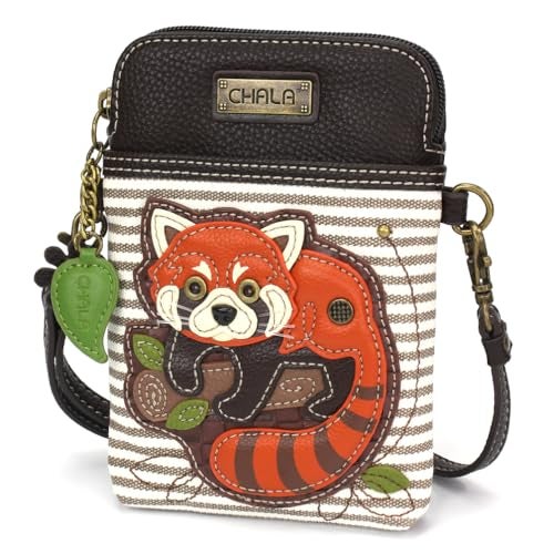 CHALA Wilderness Animal Collection Cell Phone Crossbody Purse-Women PU Leather/Canvas Multicolor Handbag with Adjustable Strap - Red Panda - gray stripe - Image 2
