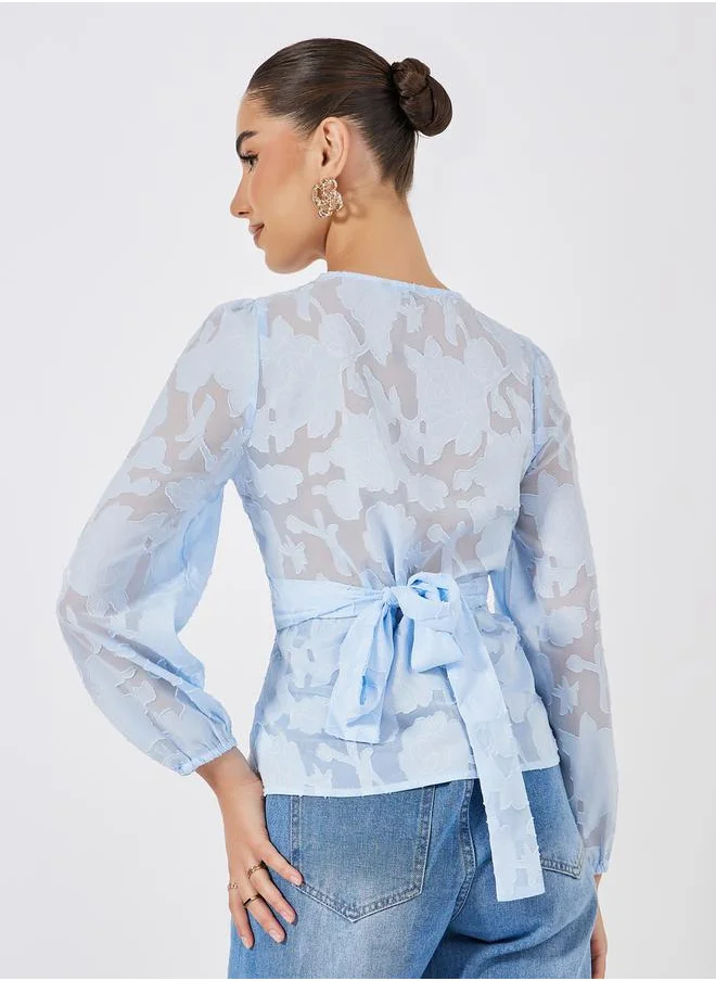 Styli Floral Pattern Burnout Wrap Top with Tie Belt