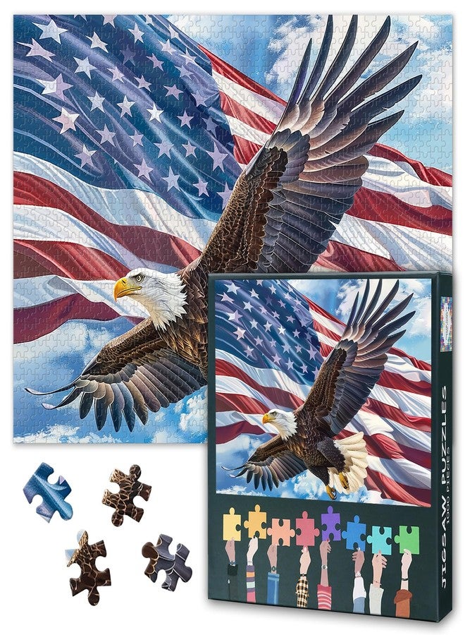 Rebotipy US American Flag Puzzles A Majestic Bald Eagle is Soaring in The Sky Picture Puzzle Power and Freedom Paintings Puzzles Modern Adults Jigsaw Puzzle 1000 Pieces Bald Eagle - Image 2