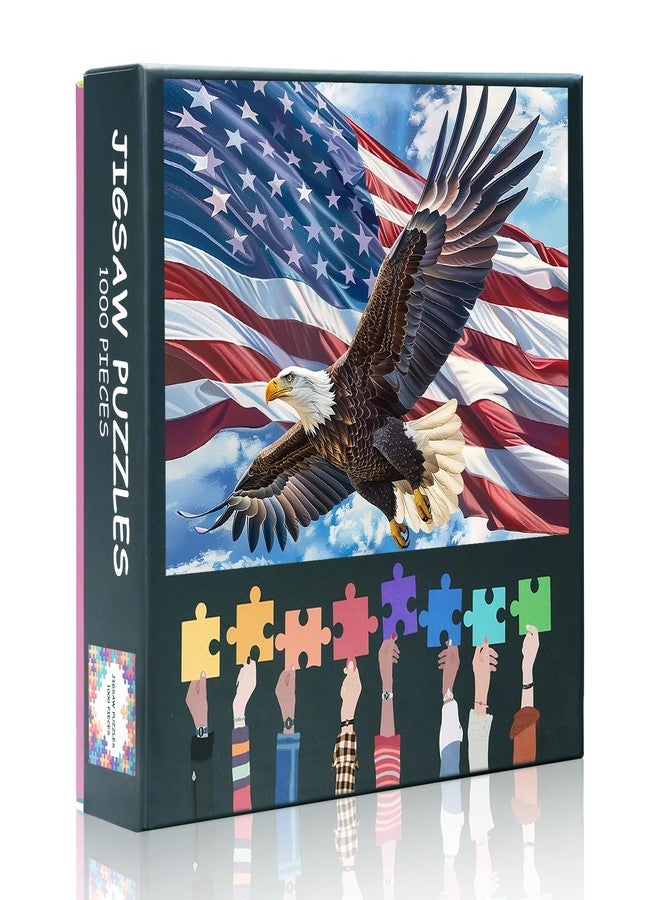 Rebotipy US American Flag Puzzles A Majestic Bald Eagle is Soaring in The Sky Picture Puzzle Power and Freedom Paintings Puzzles Modern Adults Jigsaw Puzzle 1000 Pieces Bald Eagle - Image 1