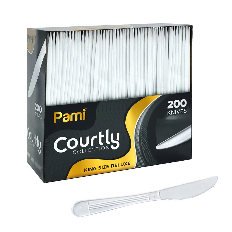PAMI Heavy Weight Disposable Plastic Knives 200Pack  Bulk King Size Deluxe White Plastic Silverware For Parties Weddings Catering Food Stands Takeaway HeavyDuty SingleUse Partyware Knives