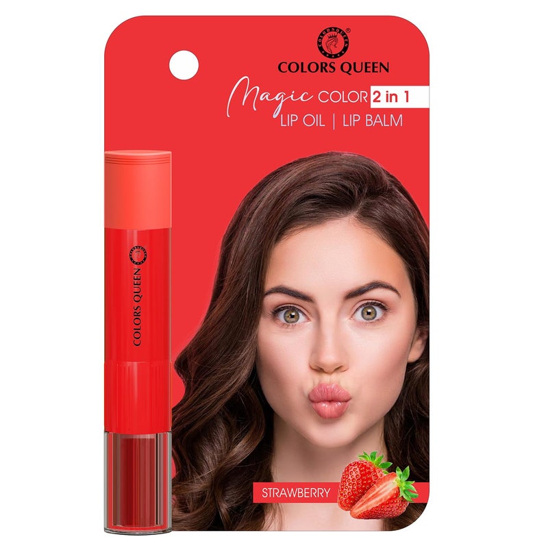 COLORS QUEEN Colors Queen Magic Color 2 in 1 Lip Balm Oil Strawberry 45g Nourishing Moisturizing for Dry and Chapped Lips Tinted for Women Enriched With Shea Butter Vitamin E - Image 1