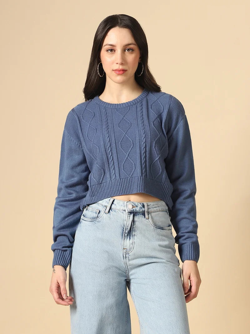 Globus Women Blue Round Neck Long Sleeves Cable Knit Tie-Up Detail Curved Hem Acrylic Crop Pullover Sweater