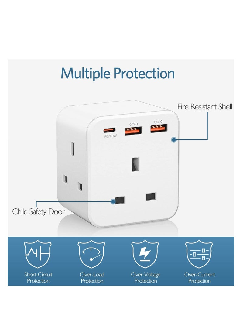 Multi Plug Extension, 3 Way 3 Plugs Socket adapter, 6-in-1 Cube Electrical Extender Outlet Adaptor, PDQC 3.0 20W USB Wall Charger, Plug Expander for Home, Office, Kitchen, 13A 3250W - Image 5