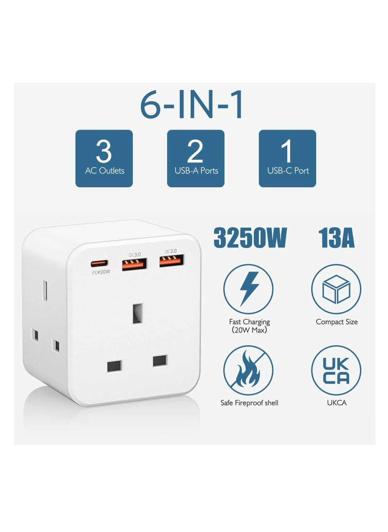 Multi Plug Extension, 3 Way 3 Plugs Socket adapter, 6-in-1 Cube Electrical Extender Outlet Adaptor, PDQC 3.0 20W USB Wall Charger, Plug Expander for Home, Office, Kitchen, 13A 3250W - Image 3