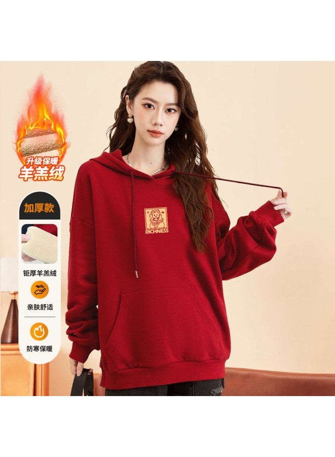 Baleno Autumn And Winter Dragon Print Red Hoodie Women Fashion High-End Sense Festive Dragon Print Fleece-Lined Thickened Long Sleeve Hoodie Women - Image 2