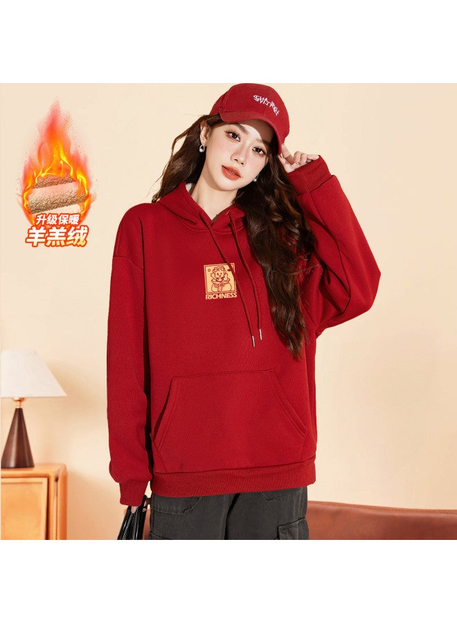 Baleno Autumn And Winter Dragon Print Red Hoodie Women Fashion High-End Sense Festive Dragon Print Fleece-Lined Thickened Long Sleeve Hoodie Women - Image 4