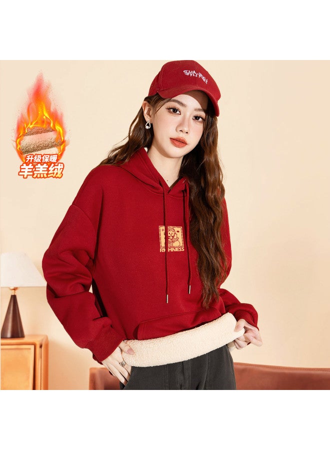 Baleno Autumn And Winter Dragon Print Red Hoodie Women Fashion High-End Sense Festive Dragon Print Fleece-Lined Thickened Long Sleeve Hoodie Women - Image 3