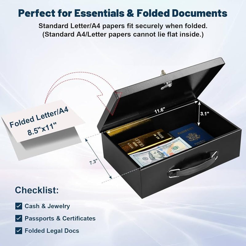 KYODOLED Fireproof Document Box with Key Lock, Small Lock Boxes for Personal Items, Fire and Water Resistance, Fireproof Safe Box for Documents, Jewelry, Passport, Cash, 12.6'' x 8.3'' x 4.3'' Black - Image 5
