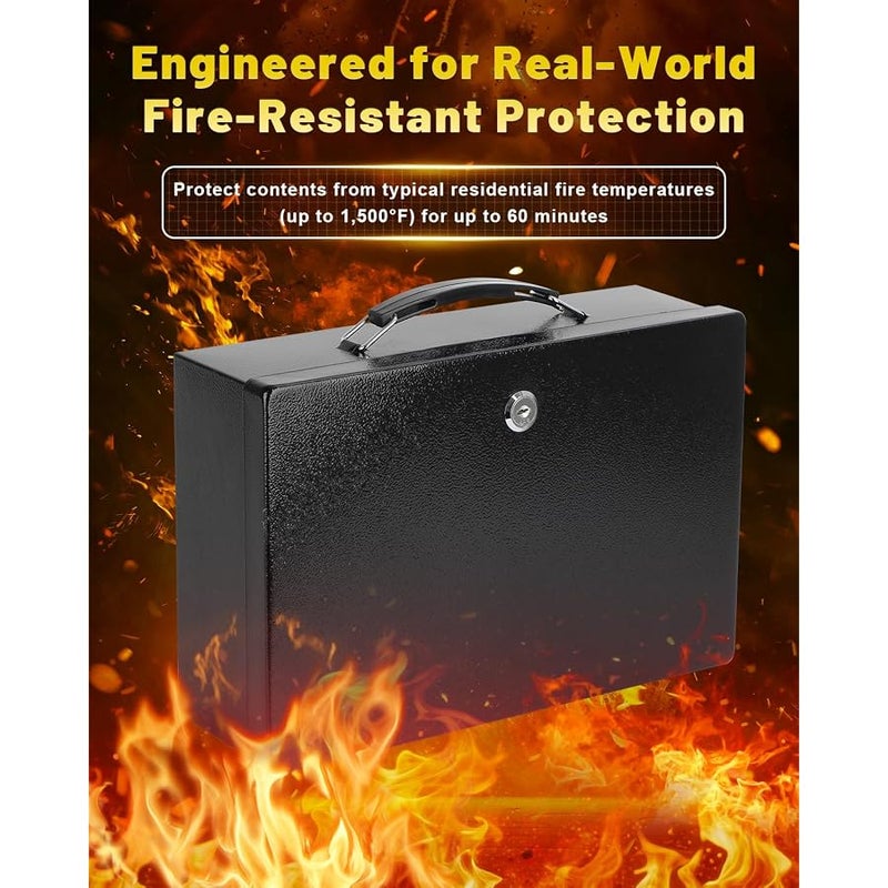 KYODOLED Fireproof Document Box with Key Lock, Small Lock Boxes for Personal Items, Fire and Water Resistance, Fireproof Safe Box for Documents, Jewelry, Passport, Cash, 12.6'' x 8.3'' x 4.3'' Black - Image 2