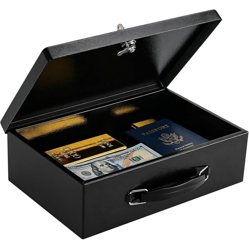 KYODOLED Fireproof Document Box with Key Lock, Small Lock Boxes for Personal Items, Fire and Water Resistance, Fireproof Safe Box for Documents, Jewelry, Passport, Cash, 12.6'' x 8.3'' x 4.3'' Black - Image 1