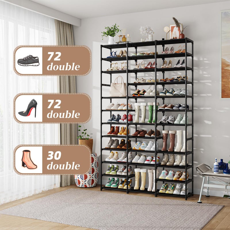 Ekisemio Shoe Rack Large Capacity 72 Pairs Tall Shoe Shelf, 3 Row 12 Tiers Sturdy Metal Shoe Organizer for Entryway, Closet, Bedroom, Black - Image 2