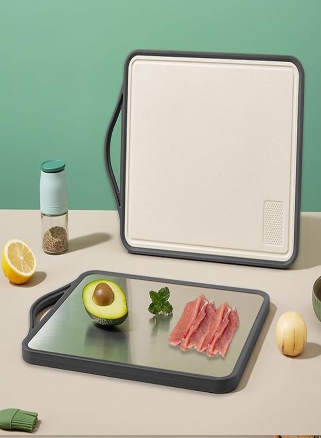 Double-Sided Cutting Board for Kitchen,Large Size 16”×12”×2/3”,Food-Grade Stainless Steel and Wheat Straw PP,Built-in Grater,for Meat, Veggies, Fruits, Dishwasher Safe,Easy to Clean,Anti-slip (Grey)