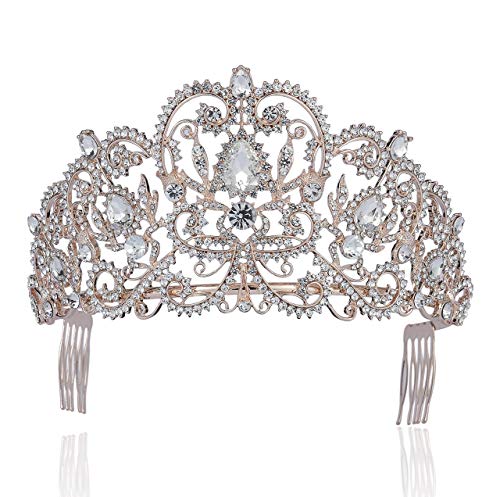 Janefashions Victorian Clear White Austrian Rhinestone Crystal Tiara Crown With Hair Combs Princess Queen Headband Headpiece Jewelry Beauty Contest Birthday Bridal Prom Pageant T1505 (Rose Gold Plated) - Image 1